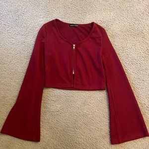 Long-sleeve Red Front Zip Crop Top